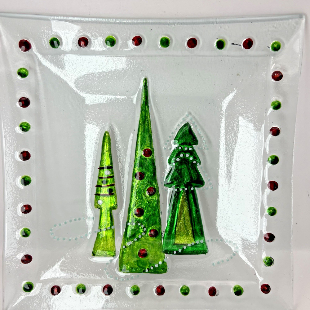 Fused Glass 8" Holiday Christmas Tree Hand-Painted Candy Dish Cookie Plate